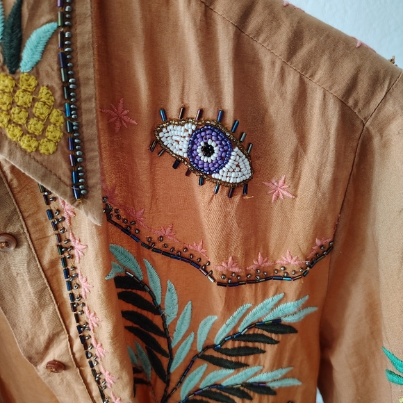 FARM RIO Mystic Embroidered + Beaded Button-Up Shirt Small - Picture 4 of 10